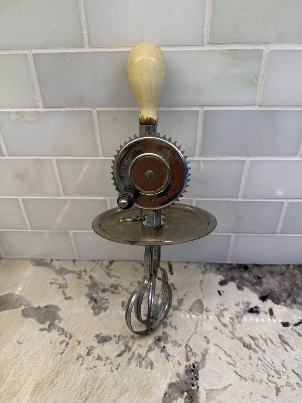 Vintage Hand-Crank Egg Beater - Cream Handle, Stainless Steel